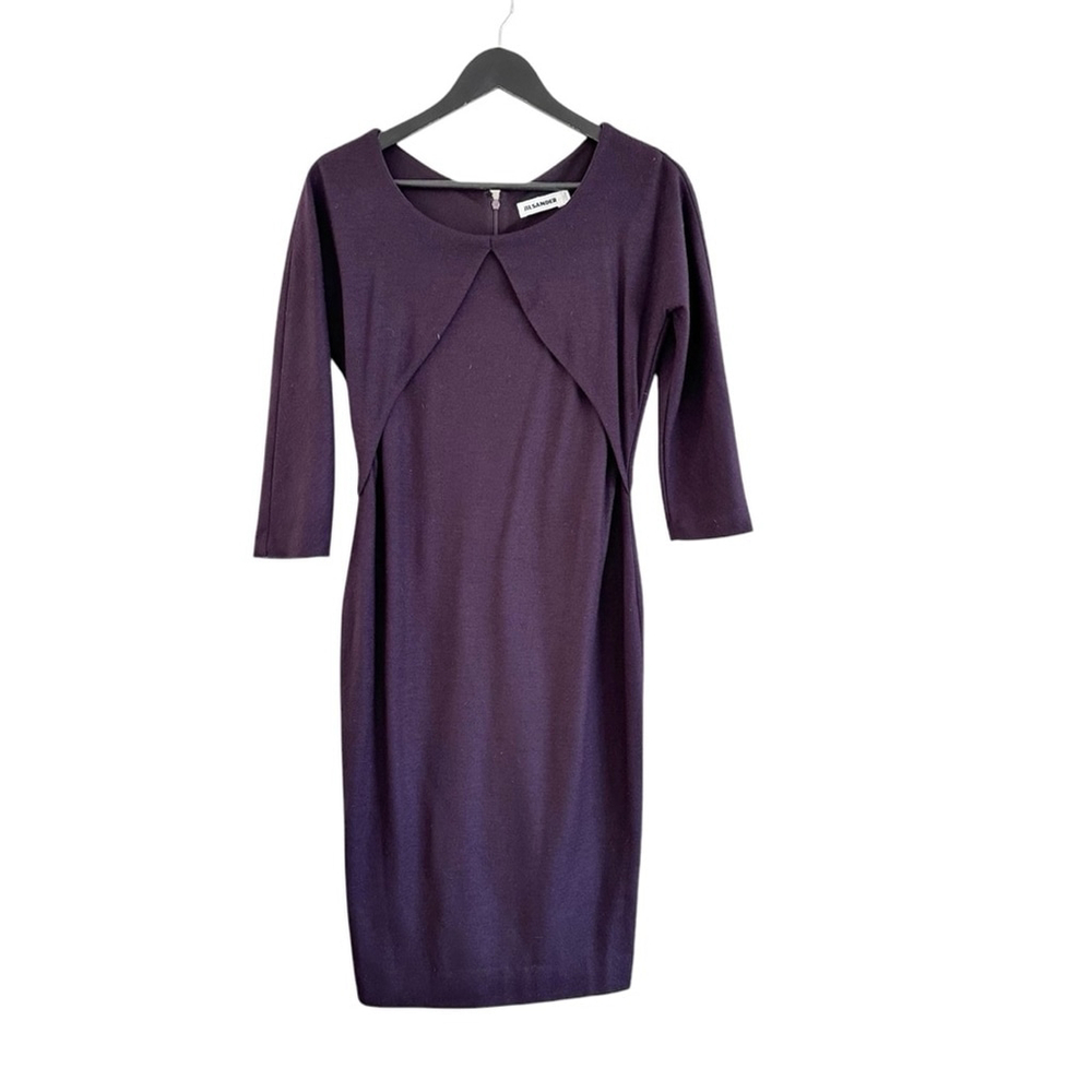 JIL SANDER 100% WOOL MIDI DRESS SIZE 38 PLUM COLOUR 3/4 SLEEVES